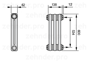 Схема (чертеж) Радиатор Zehnder Charleston 2060/3 №7610 Белый глянцевый RAL 9016